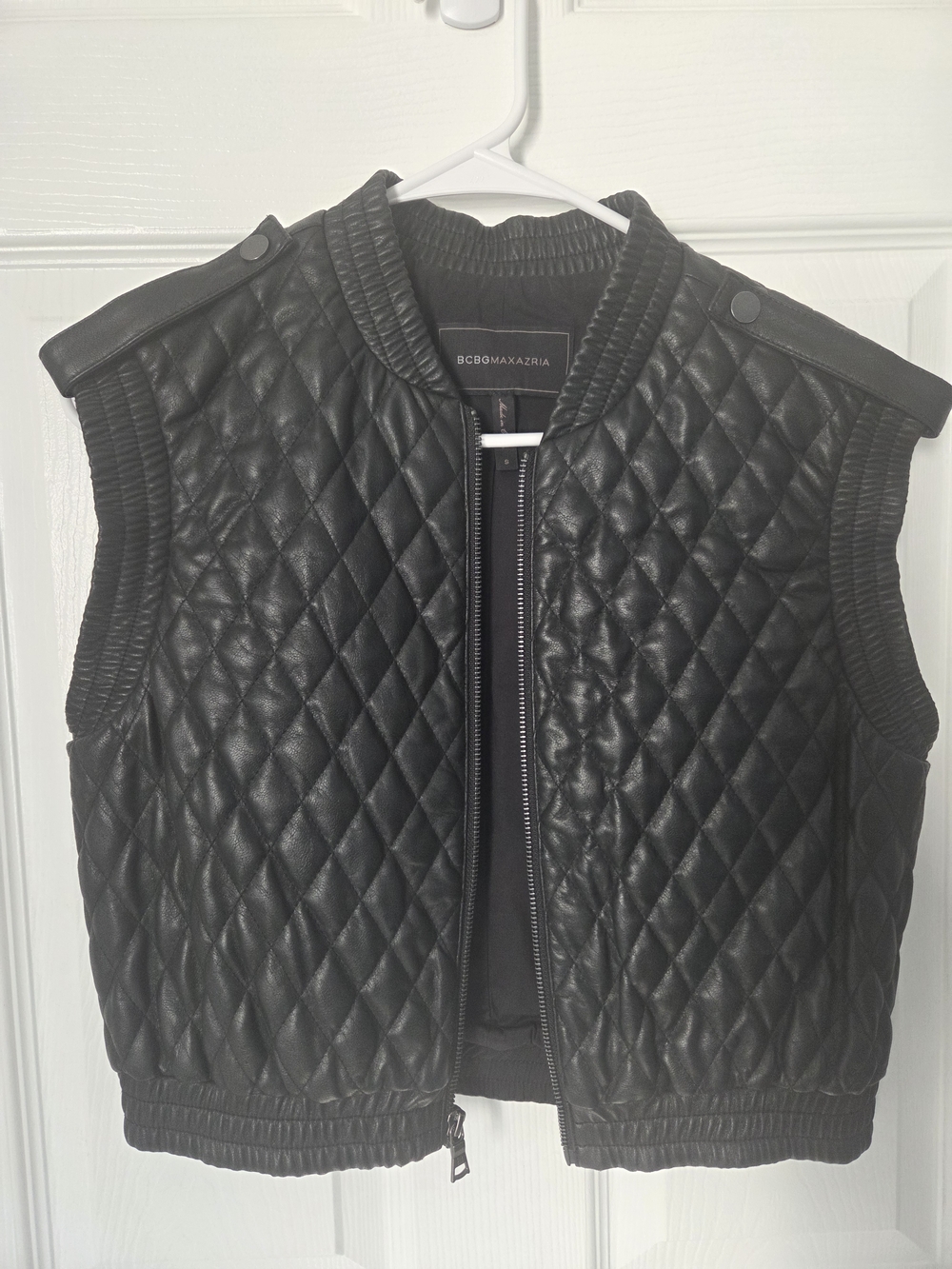 BCBGMaxAzria Black Quilted Leather Sleeveless Bomber Vest